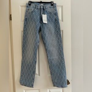 Women’s Zara mid-rise straight leg crystal jeans. Brand new.
